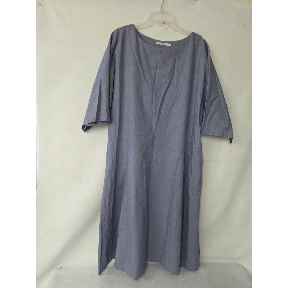 Jarbo Blue 100% Cotton Midi Dress Pockets 3/4 Sleeve Size 3 L-XL Lagenlook